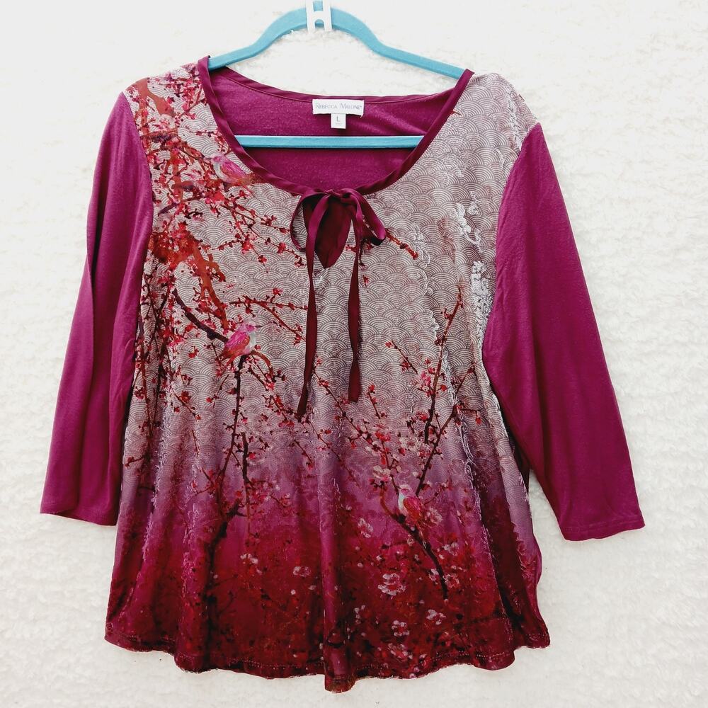 Blouse Floral Pink Burgundy Birds Cherry Blossoms Romantic Coquette Size L